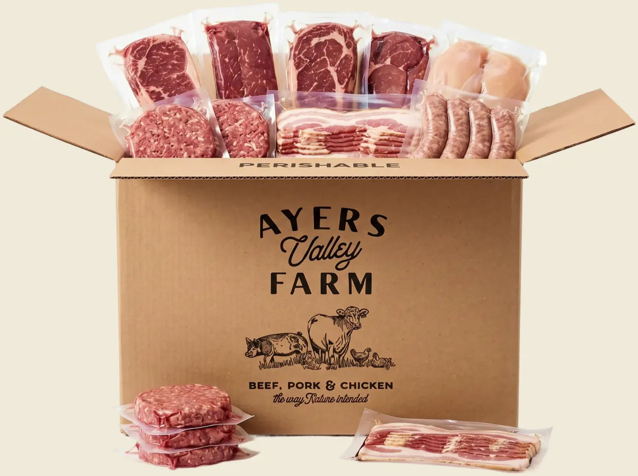 Ayers Valley Farm box packed with beef, pork, and chicken
