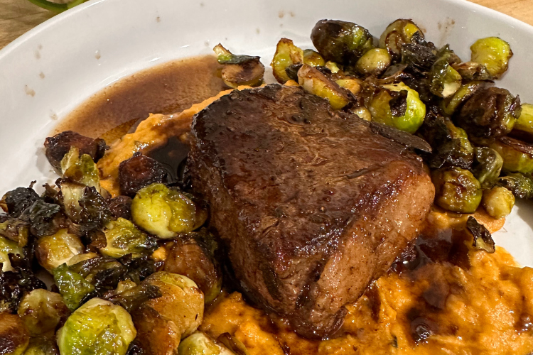 Brown Butter Sage Beef Filet Mignon with Sweet Potato Mash and Glazed Brussel Sprouts