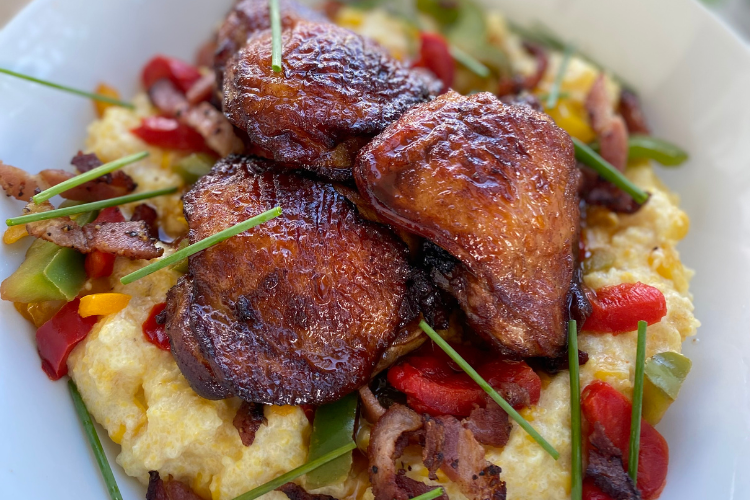 Fried Chicken Thighs & Creamy Sweet Corn Grits
