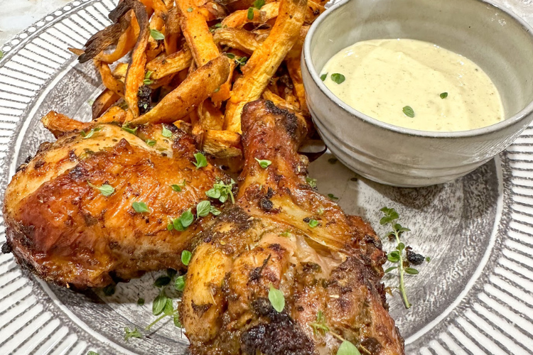 Greek Style Chicken Drumsticks & Sweet Potato Fries