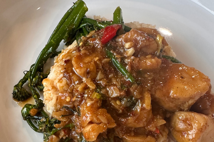 Healthy Orange Chicken with Broccolini and White Rice