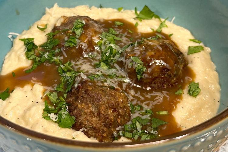Keto Mediterranean Meatballs with Cauliflower Mashed Potatoes and Gravy