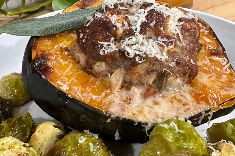 Maple Sage Ground Pork Stuffed Acorn Squash with Brussel Sprouts