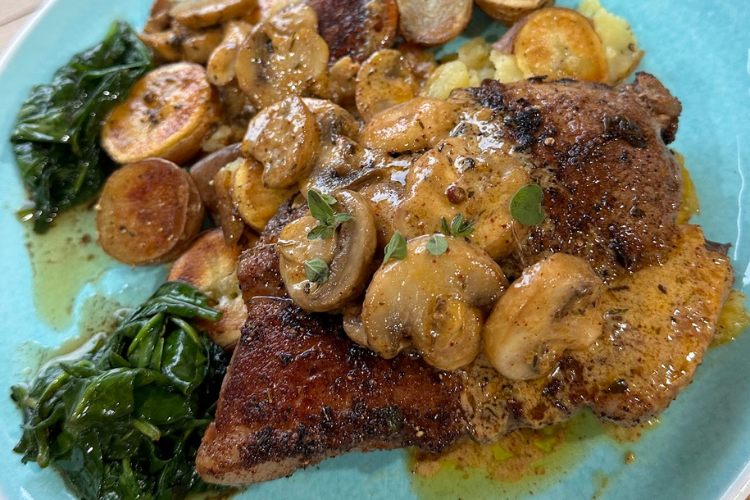 Pork Chops with Dijon Mushroom Sauce, Wilted Spinach, and Smashed Potatoes