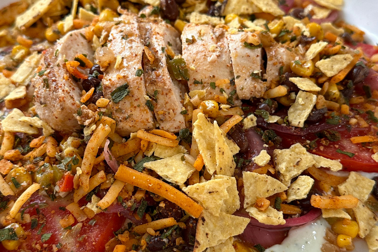 Southwest Grilled Chicken Salad with Crunchy Tortilla Toppings