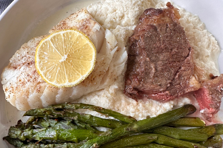 Surf & Turf - NY Strips and Cod with Cauliflower Mash and Asparagus