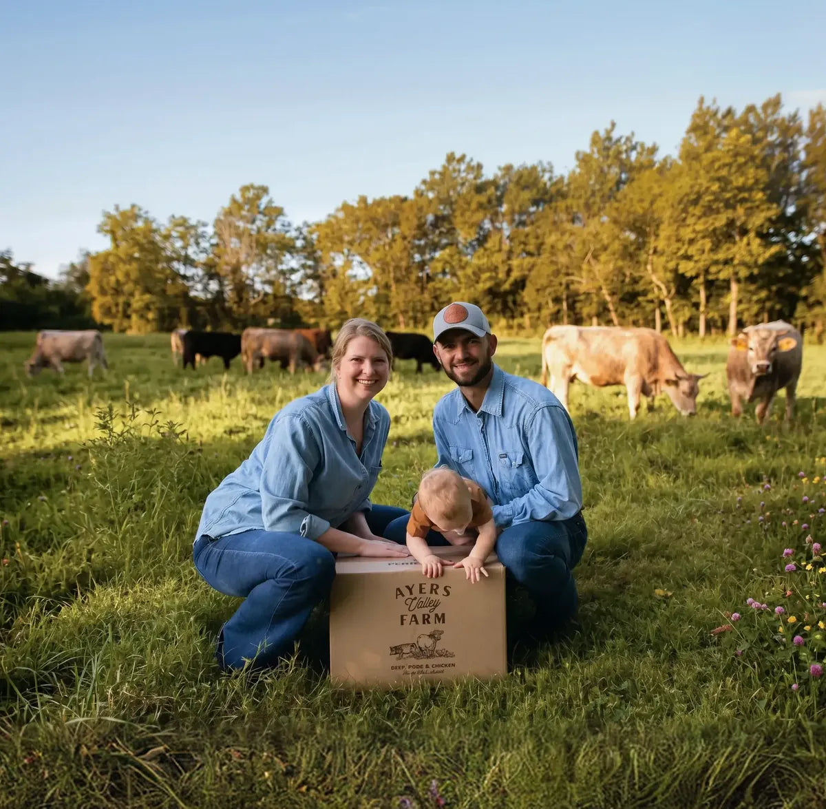 Josh and Taylor Ayers kneeling in a cattle pasture with their son and an Ayers Valley Farm box